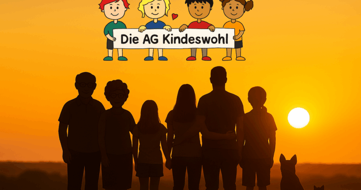 Familie mit Kindern Großeltern und Hund und Katze