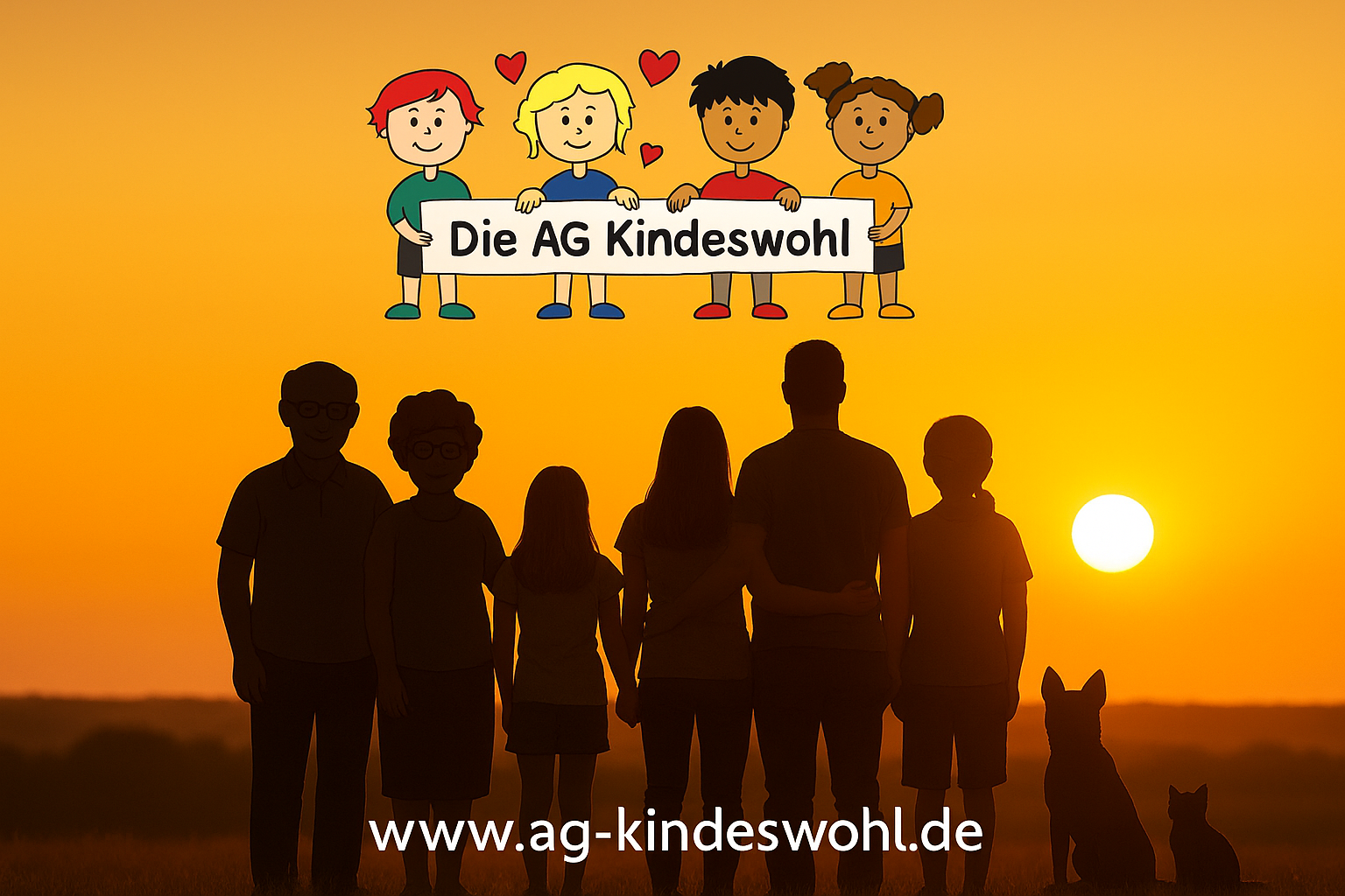 Familie mit Kindern Großeltern und Hund und Katze